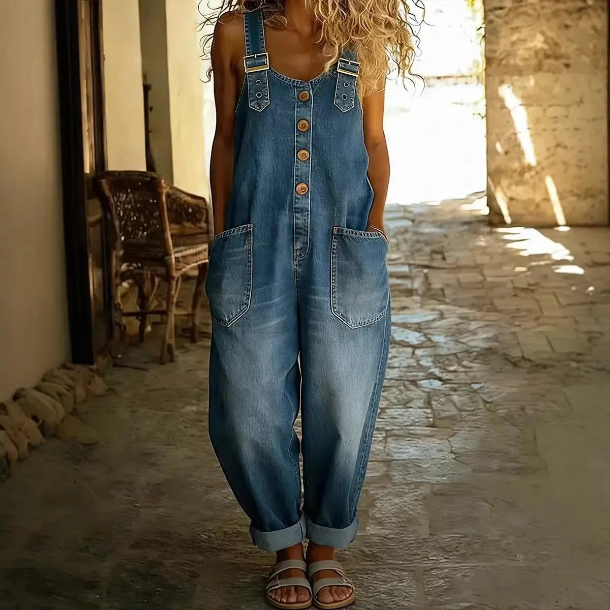 Vintage Loose Wide Leg Jean Bib Overalls Women’s Y2K Button Front Denim Overall Pants One-Piece Romper Jumpsuit