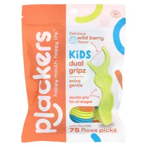 Plackers Kid's Dual Gripz, Extra Gentle with Fluoride, Wild Berry, 75 Floss Picks