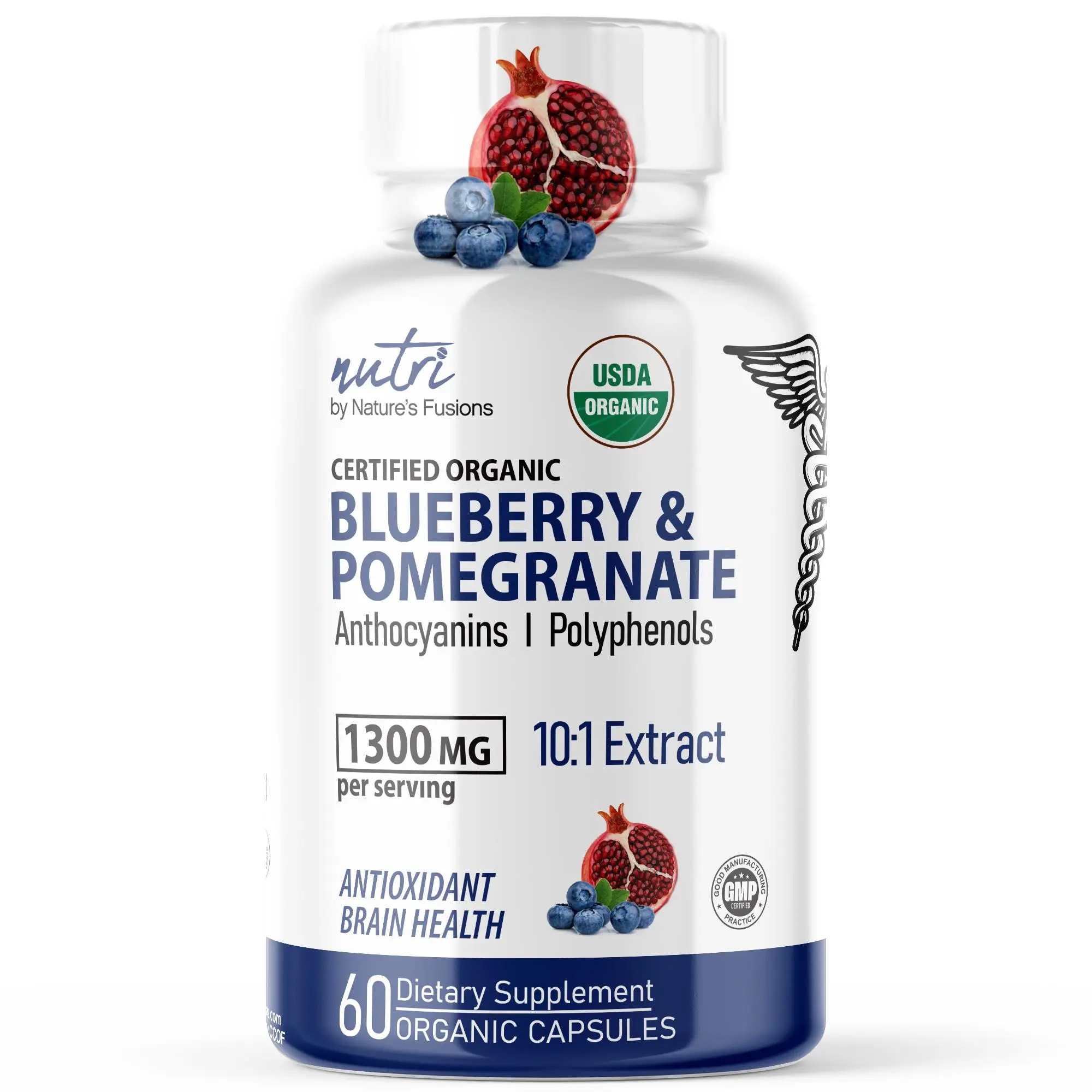 Nutri Organic Blueberry Pomegranate Supplement 1300mg - With 800mg 10:1 Blueberry Extract & 500mg 10:1 Pomegranate Extract - USDA Organic Blueberry Extract Supplement -60 Blueberry Supplement Capsules…
