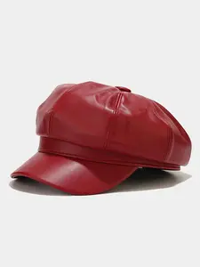 Autumn And Winter Light Board Faux Leather Octagonal Hat for Women, British Style Vintage Casual Solid Color Duckbill Cap, Fashionable PU Hat, High Quality Hat