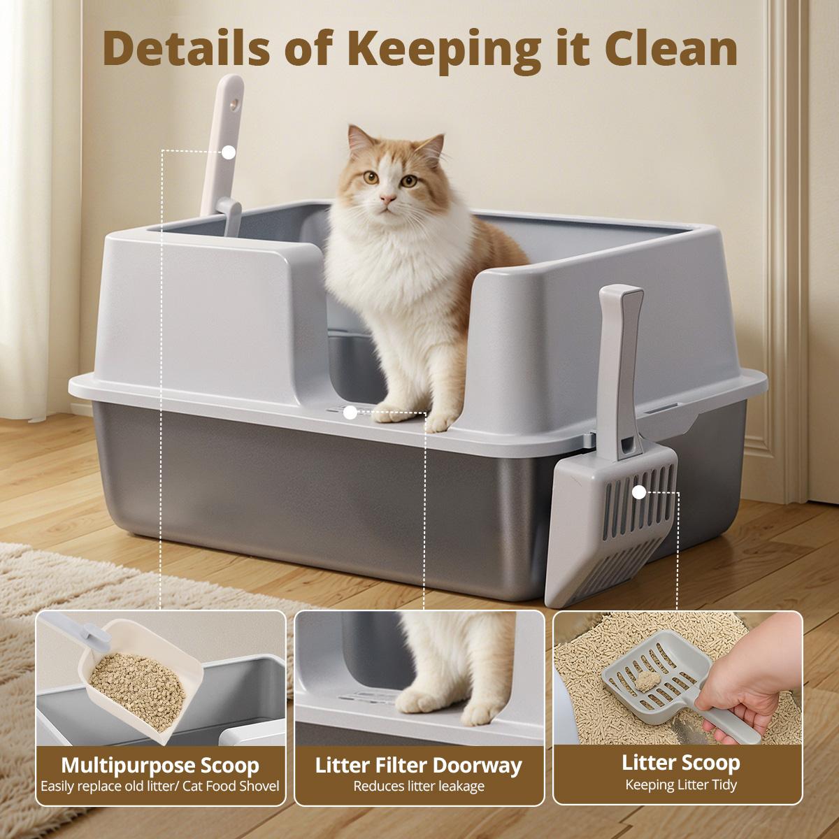 CAVEEN Stainless Steel Cat Litter Box, 20L Large Capacity XL, Easy to Clean, High Sided, Anti-Urine Leakage, Non-Stick Bottom & Non-scratch & 2xScoop, for Large/Medium/Small Cats