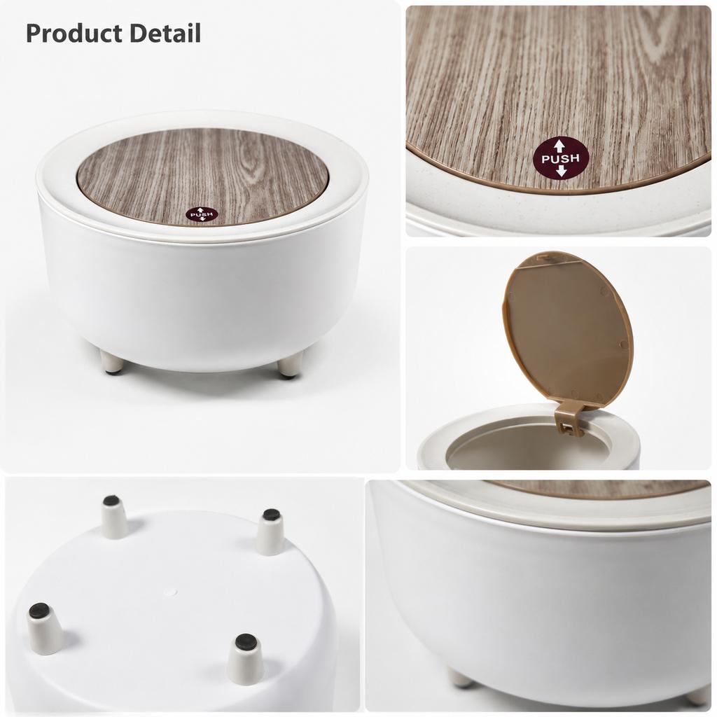 4.4L Mini Desktop Trash Can - Wood-Grain Push Lid, Round Waterproof Plastic, Single-Compartment Odor Blocking, 4 Non-Slip Feet, Desk Storage for Office Desks Small Spaces Daily Use