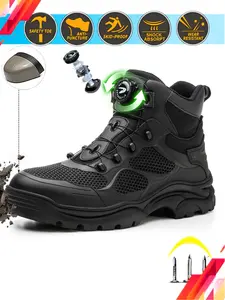 Men's Mid-Cut Safety Shoes, Cool Mecha Style, Euro Standard Steel Toe, Kevlar Anti-Puncture, Durable Rubber Sole, Breathable Fabric, Size 38-46, Non Slip Work Shoes