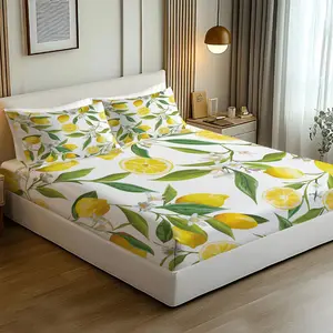3pcs Watercolor Lemon Fitted Sheet Set, Fresh Fruit Bed Sheet Set, Soft Microfiber Bedding Set (No Fillers), Summer Citrus Mattress Cover for Girls Bedroom & Guest Room