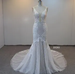 Sparkling Lace Mermaid Wedding Dress with Deep V Neck & Chapel Train – Style E0283
