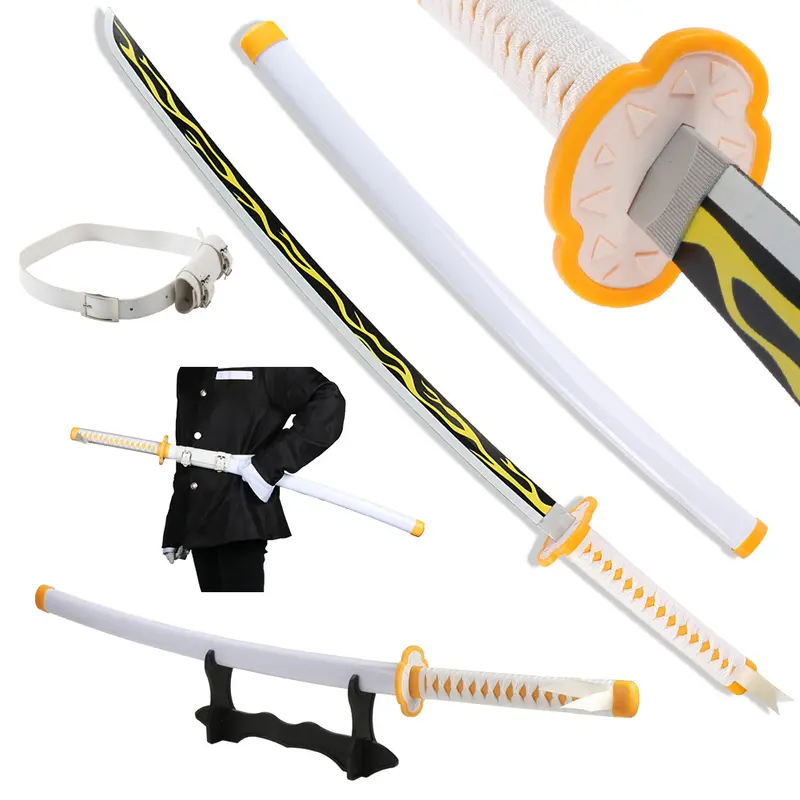 Anime Bamboo Wooden Dull Blade Demon Slayer Sword Cosplay Agatsuma Zenitsu 41 Inches with Belt Holder Stand Display for Halloween Role Playing Collection
