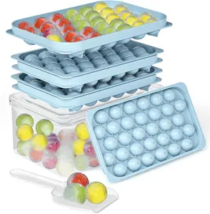 Ice Cube Trays with Lid and Bin, BPA-Free Mini 0.75 Inch Sphere Ice Molds, 2-Pack Small Round Ice Ball Trays, Easy Release, Includes Scoop & Ice Storage Box for Cocktails, Coffee