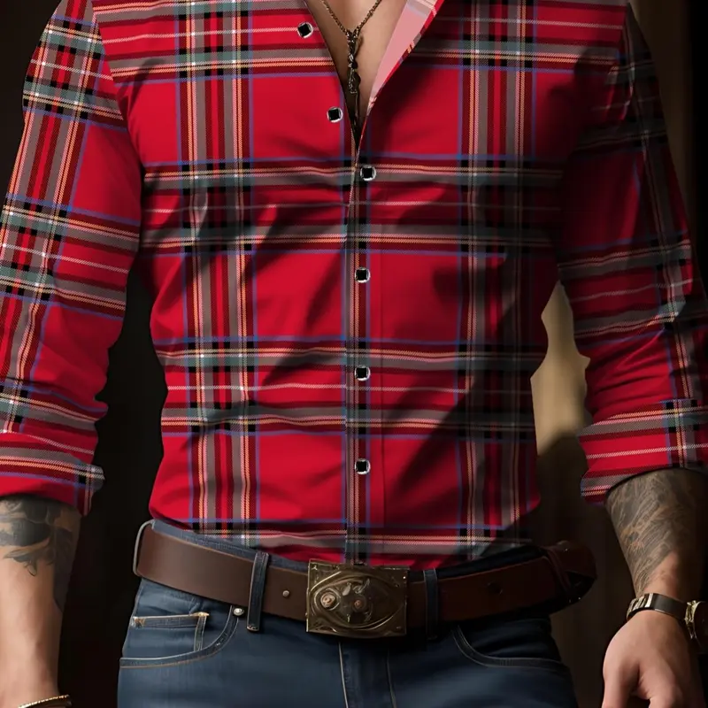 Men's Regular Fit Plaid Print Button Front Collared Button Closure Shirt, Button Up Shirt, Casual Long Sleeve Collared Top for All Seasons, Fashion Men's Clothes for Daily Wear, Casual Clothing