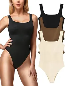 SKIMK Women's 3 Piece Bodysuits Sexy Ribbed Sleeveless Square Neck Sleeveless Tank Tops Bodysuits