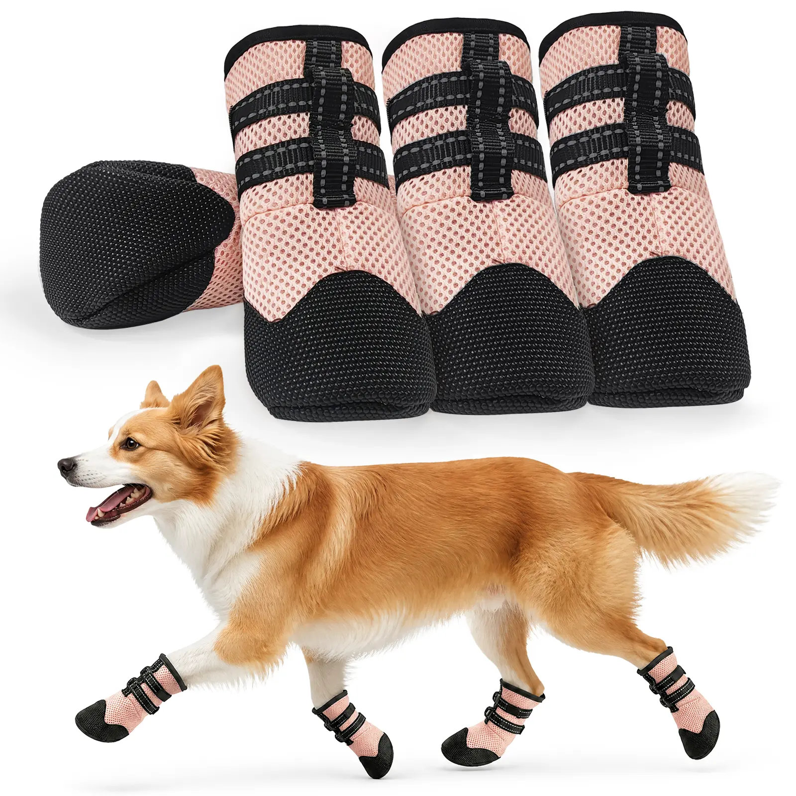 Dog Shoes Breathable Mesh, Anti-Slip Wear-Resistant Pet Paw Protectors, Adjustable Soft Dog Booties Outdoor Walking Running Footwear for Medium Large Dogs