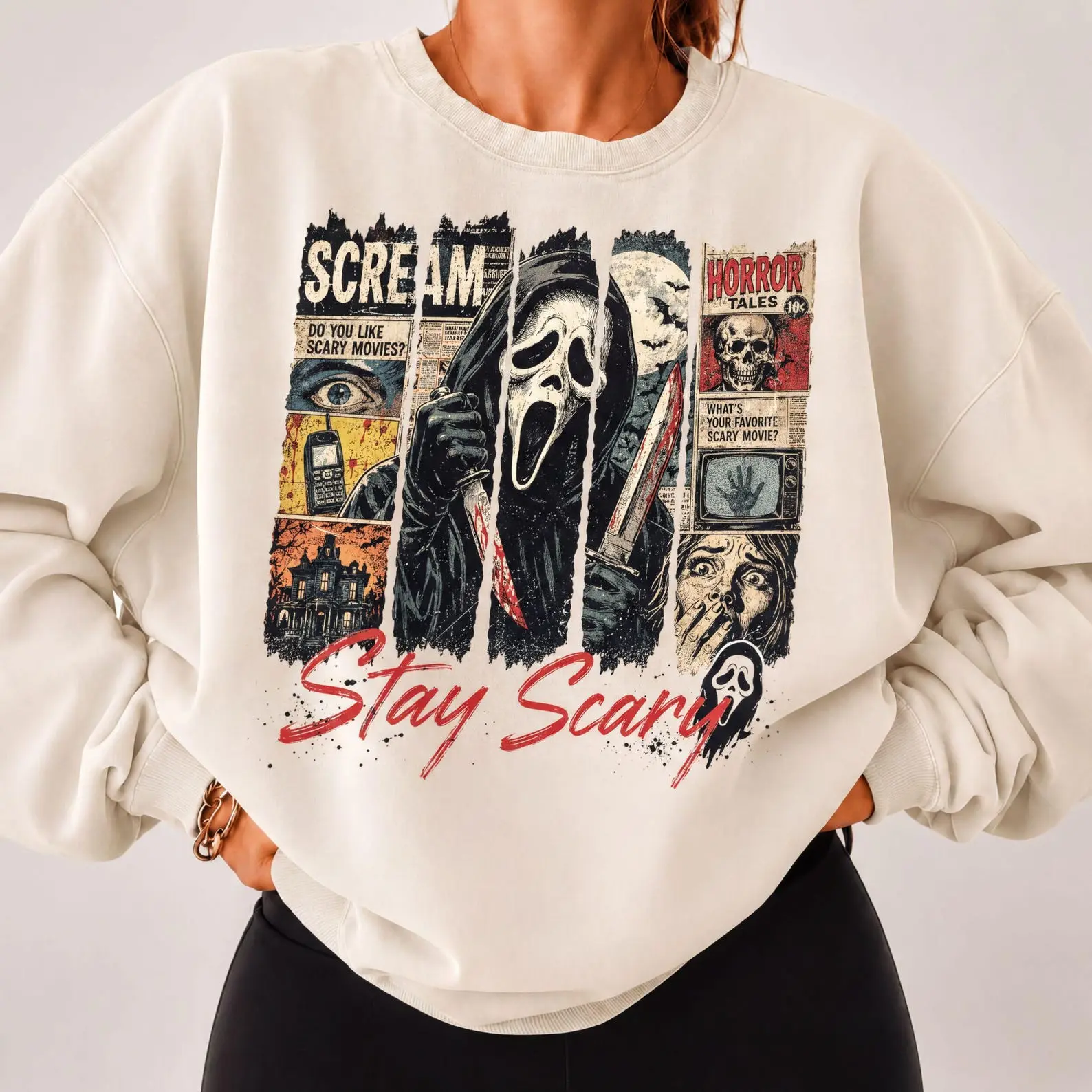 Ghostface Sweatshirt, Retro Horror Clipart, Vintage Gothic Halloween.