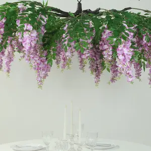 Artificial Silk Wisteria Vine Round Hanging Canopy in Lavender Lilac, Draping Garland Flower Chandelier With Interchangeable Branches 55"