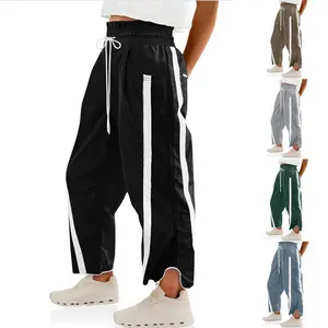 Naeduo Women's Baggy Wide Leg Pants Casual Drawstring Elastic Waist Contrast Color Workout Y2K Track Pants Striped Sports Bottoms All Seasons Lightweight Parachute Fabric for Hyrox