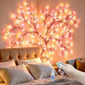 Cherry LED Blossom Lights Decor, 48 LED Cherry Enchanted Willow Vine Tree Branch Lights for Wall Art, 8 Lighting Modes, Whimsical Christmas Indoor Decorations for  Living Room Door Window