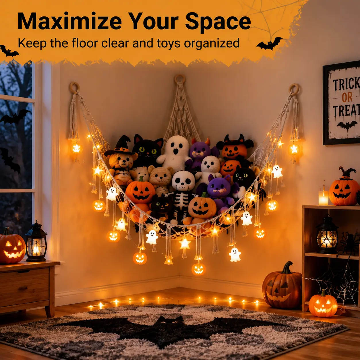 60-In Cotton Boho Halloween LED-Lit Hanging Hammock - Cozy Spooky Room Decor with Warm Lights, Plush Toy Storage Organizer, Eco-Friendly Chemical-Free Nursery Wall Hanging, Aesthetic Home Decoration