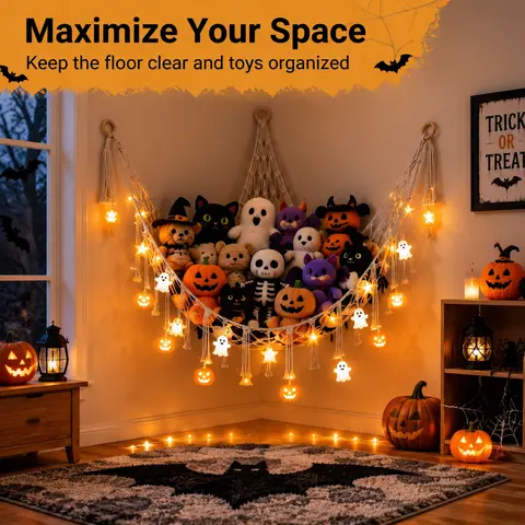 60-In Cotton Boho Shabby Chic LED-Lit Hanging Hammock - French Country Hanging Accessory, Aesthetic Room Decoration, Decorations and Ornaments, Warm LED Lights, Holds Toys, Frees Floors, Eco-Friendly Chemical-Free Nursery Wall Storage Organizer