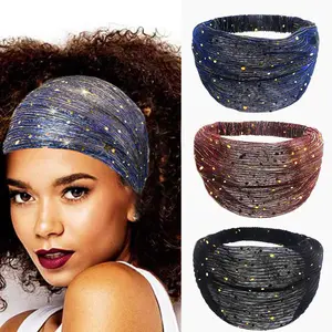 Soft Stretch Cotton Sports Headbands Glitter Sequin African Turban Wide Non-Slip Yoga Running Gym Hair Accessories for Women Girls