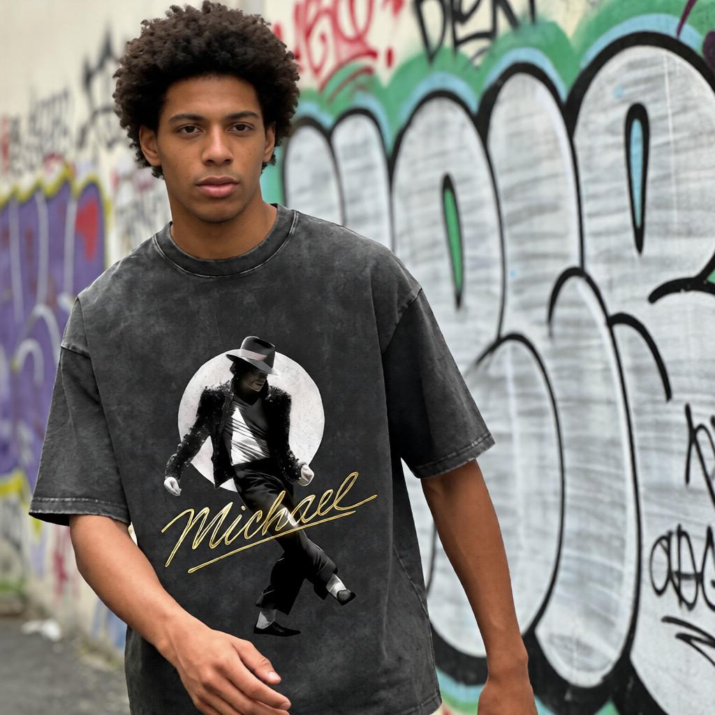 Retro Michael Jackson Dance Pose T-Shirt 260g Heavyweight Cotton Washed Streetwear Oversized Tee