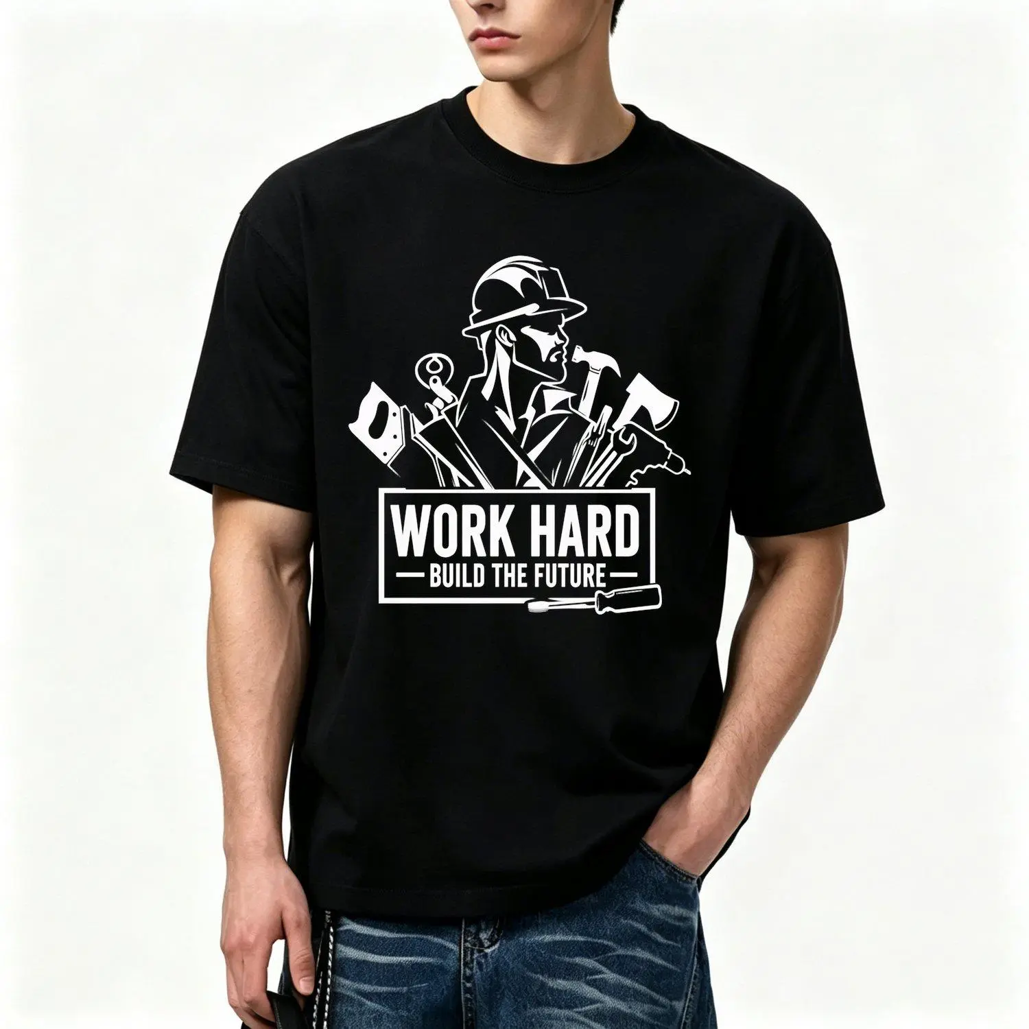Labor Day‑themed Men's T-shirts Tradesman Inspirational Quote Washed Oversized Tee Worker Hand Tools Construction Crew Casual Shirt