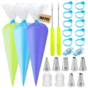 Piping Bags and Tips Set - 100 12Inch Disposable Pastry Piping Bags for Royal Icing with 7 Frosting Tips, 10 Icing Bags Ties, 2 Scriber Needle - Tipless Piping Bags Kit  Bakeware Desserts Plastic