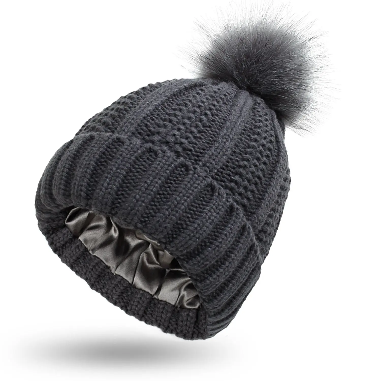 Luxury Satin-Lined Winter Beanie with Faux Fur Pom