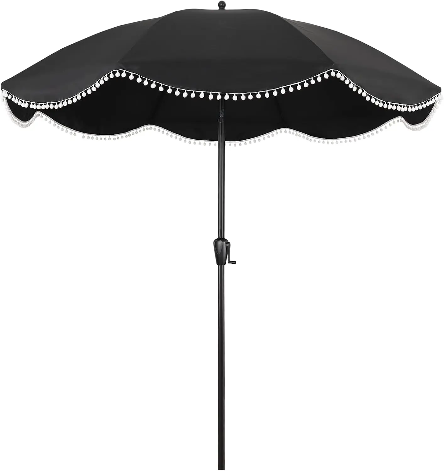 9' Patio Umbrella with Black Canopy and White Fringe Accents, Black Frame Market Umbrella for Patio, Deck, and Backyard by