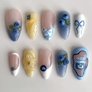 S144 Blueberry Jam Press-On Nails, 3D Berries & Jar, Gingham Details, Soft Yellow & Pastel Blue Mix, Custom Handmade, Solana Nails Town