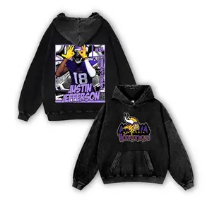 Justin Jefferson #18 Vikings Casual Washed Hoodie | Griddy Master WR Apparel, Skol Nation Identity, Faded Wash Catch King Essential