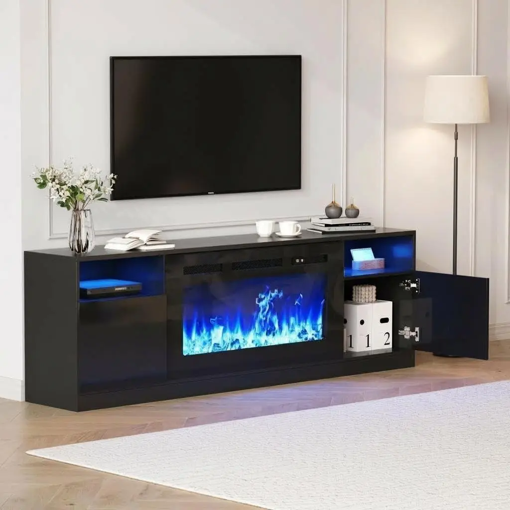 70" Large TV Stand with 36" Electric Fireplace, 12 Color Changing LED Flame, 1500W Heater, Entertainment Center with Mirrored Door & Storage Shelves, Media Console Table for TVs Up to 80", Black