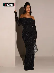 Women's Contrast Sequin Ruched Off Shoulder Mermaid Dress, Elegant Classy Long Sleeve Slim Maxi Dress for Party Evening Formal Occasions, Ladies' Clothes for All Seasons