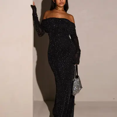 jesika ruched off shoulder maxi dress - black Jesika Ruched Off Shoulder Maxi Dress Fashionnova