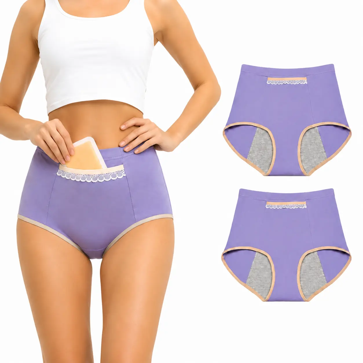 Women's High Waisted Menstrual Panties with Front Heating Pad Pocket, Soft Full Back Coverage Underwear with Lace Trim for Lounging, Lacy, Period Underwear, Leakage Prevention