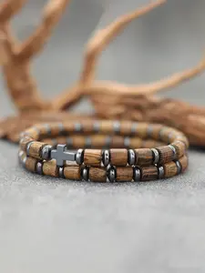 Men's Wooden Bead Bracelet with Cross Design, Business Birthday Anniversary Bracelet, 2 Piece Set of Iron Elastic Handmade Wristbands, Casual Fashion Accessories