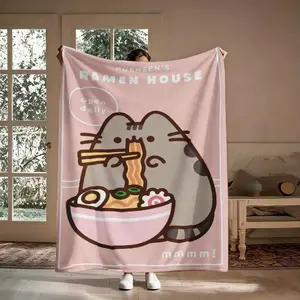 1pc Pusheens Cartoon Cat Plush Flannel Blanket - Soft All-Season Throw With Playful Cat & Heart Print, Multi-Use For Sofa, Bed, Office, Outdoor - Machine Washable, Perfect Gift For Friends & Family, Cute Blanket, Cozy Home-280gsm