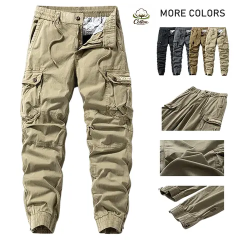 Men’s solid plain all-season cargo pants – versatile functional menswear with drawstring cuffs, multiple pockets, retro outdoor casual style, everyday outfit urban fashion tactical wear — Father’s Day gifts
