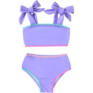 TREE Girls Swimsuit Two Piece Solid Color Stripe Swimwear Summer Beach Bikini Bathing Suit