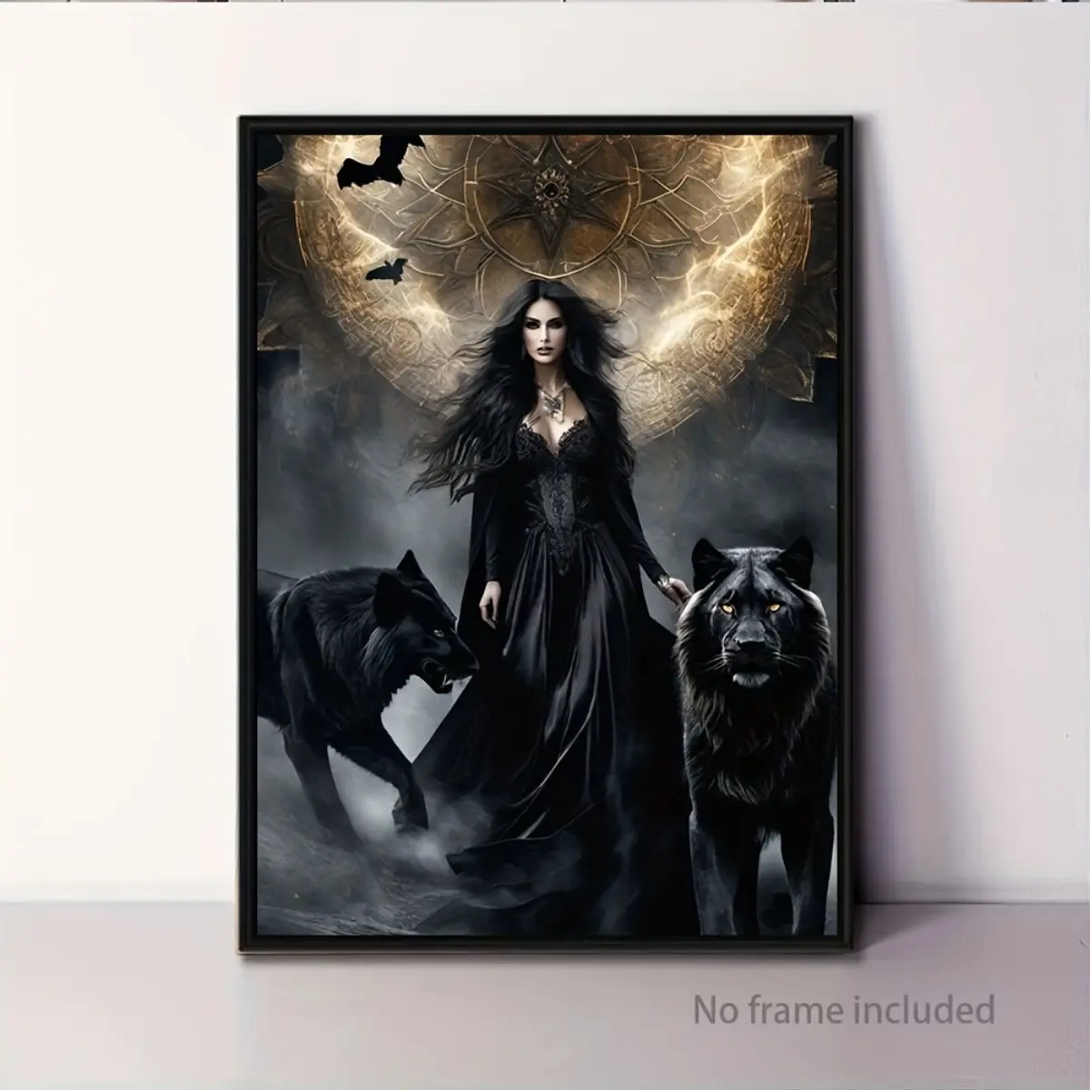Fantasy Gothic Canvas Wall Art - Decorative Dark-Style Black Woman, Wolves, Heart Design Photo Print for Living Room, Bedroom Room Decor Spooky Home Ornaments, Decoration