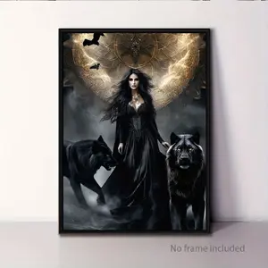 Fantasy Gothic Canvas Wall Art Featuring Decorative Dark Wind Woman in Black, Wolves, and Heart Design for Living Room, Bedroom, and Study Spooky Decoration Interior Home Artistic Ornaments Photo Print