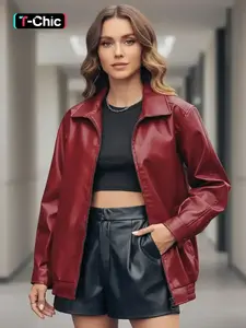 Women's Solid Pocket Zip Up Loose Fit Pu Leather Jacket, Street Fashion Long Sleeve Collared Outerwear for Daily Outdoor Wear, Ladies Clothes for Fall & Winter, Coat, Womenswear