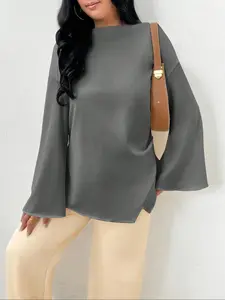 Women's Elegant Middle Eastern Style Casual Commuter Shirt Long Sleeve Flare Sleeves Slim Fit Fitted Asymmetrical Blouse for Spring & Fall Womenswear Tops