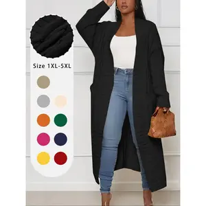 Plus Plain Textured Drop Shoulder Cardigan, Casual Long Sleeve Pocket Coat for Women, Women's Plus Clothing for Spring & Fall, Womenswear