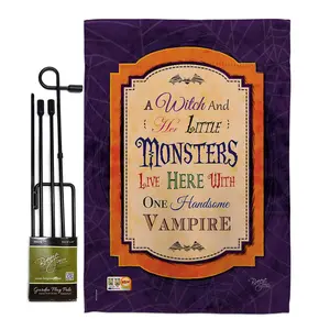 212 MAIN 13x18.5" Weatherproof Halloween Double-Sided Mini Garden Flag Set, Vertical Wicked & Handsome Fall Decor with Banner Pole