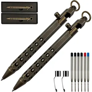 Bolt Action Solid Brass EDC Pen with Refills and Clip - Six-Edge Metal Pocket Pen for Business, Signature, Gifts