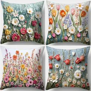 Floral Pattern Cushion Cover, 4 Counts/set Square Throw Pillow Cover, Household Decoration Supplies for Home Living Room Bedroom Sofa Couch