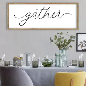 Gather Sign Wall Decor 32"*12" Large Wooden Framed for Dining Room Simple Home Kitchen Hanging Art (Wood)