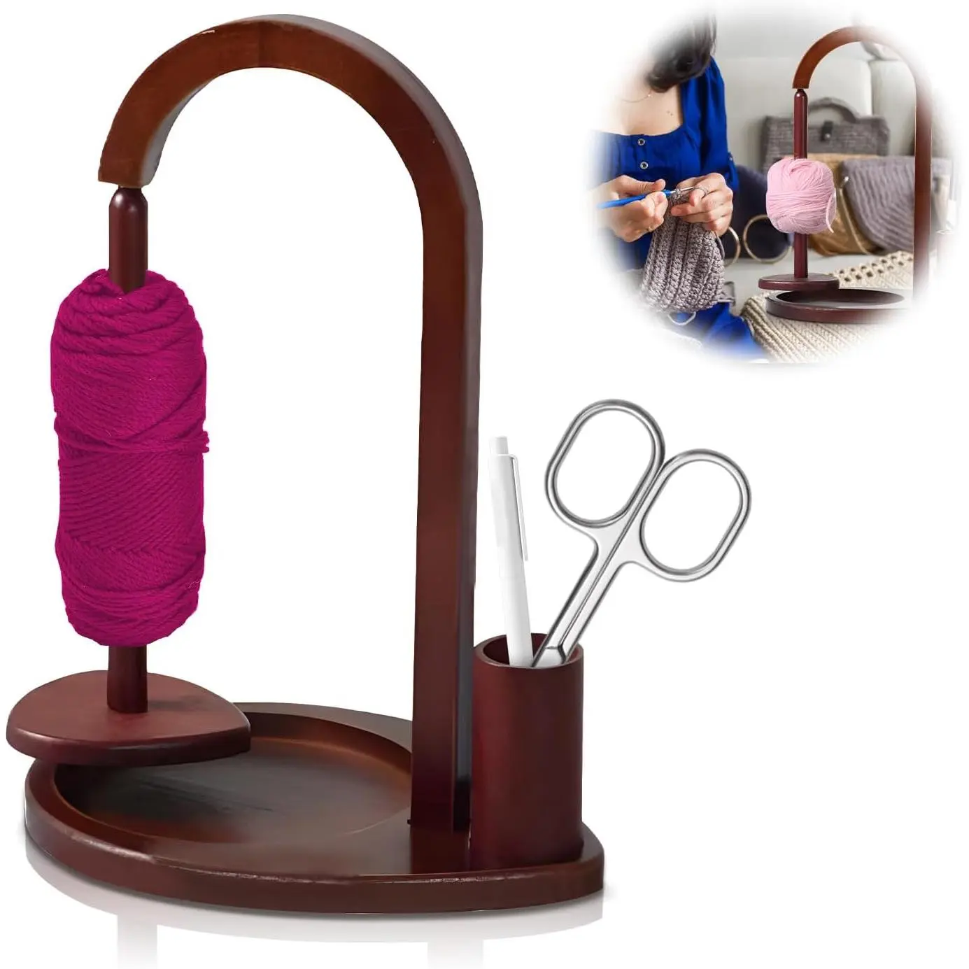 Beechwood Wooden Material Yarn Holder with Spool Pin - Handcrafted Compact Anti-Slip, 360° Rotation, Easy Installation Craft Organizer for Knitting Lovers, Prevents Tangles, Saves Space, Side Compartment Keeps Hooks Handy, Anti-Slip Design