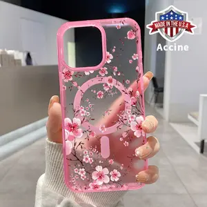 Clear Phone Case for iPhone 16 15 14 Pro Max 13 12 11 XR XS Plus E Blossoming Cherry Dreams Pattern Magnetic Sunction Candy Color Acrylic Back Soft Edge Cover