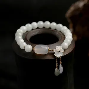 14K Gold Plated Natural Jade Bracelet Natural Shell Flower Jade Water Drop Design Women's Exquisite Jewelry