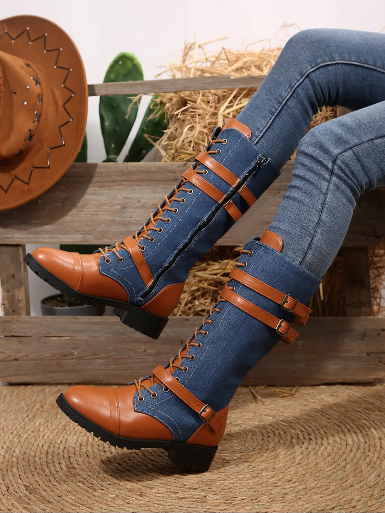 Women's Long Motorcycle Boots, Cowgirl Western Boots, Western Style Round Toe Thick Sole, Durable Comfortable Design, Perfect for Casual Wear
