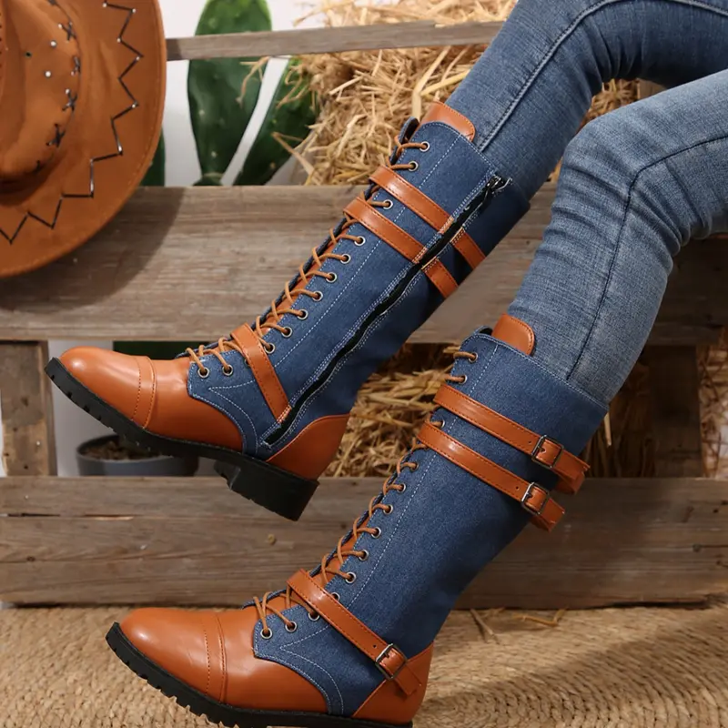Women's Long Motorcycle PU Leather Boots, Cowgirl Western Boots, Cowboy Style Western Style Round Toe Thick Sole, Durable Comfortable Design, Perfect for Casual Wear